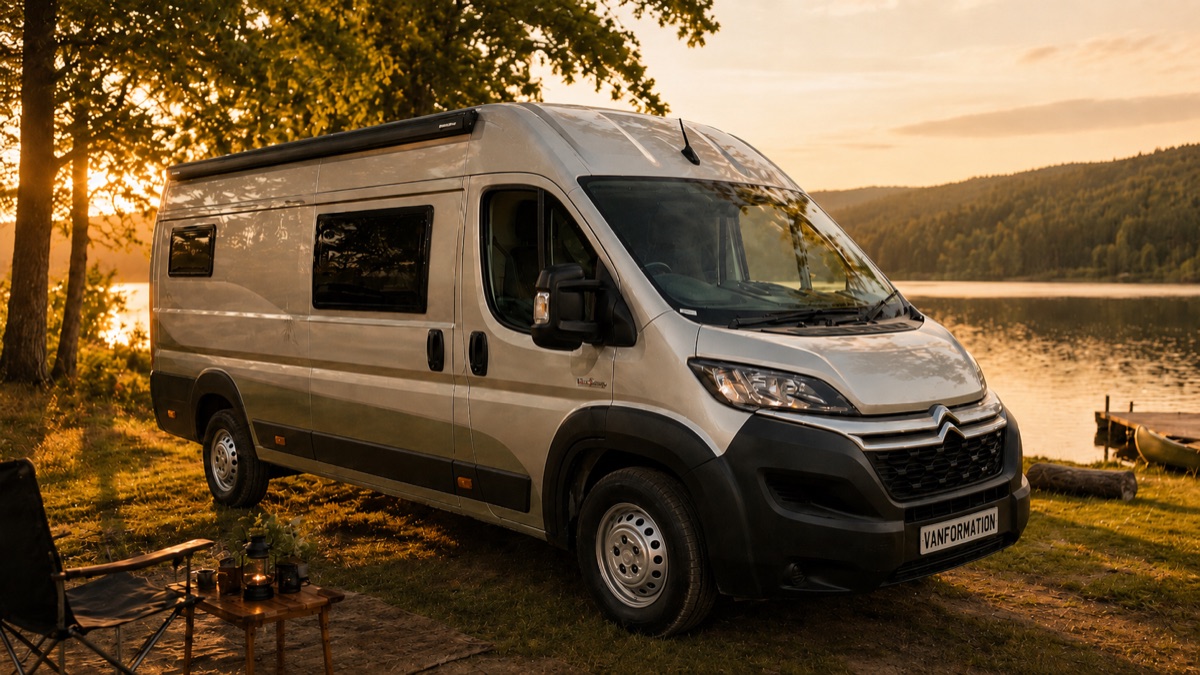 Silver high-roof camper van conversion parked beside a lake at sunset