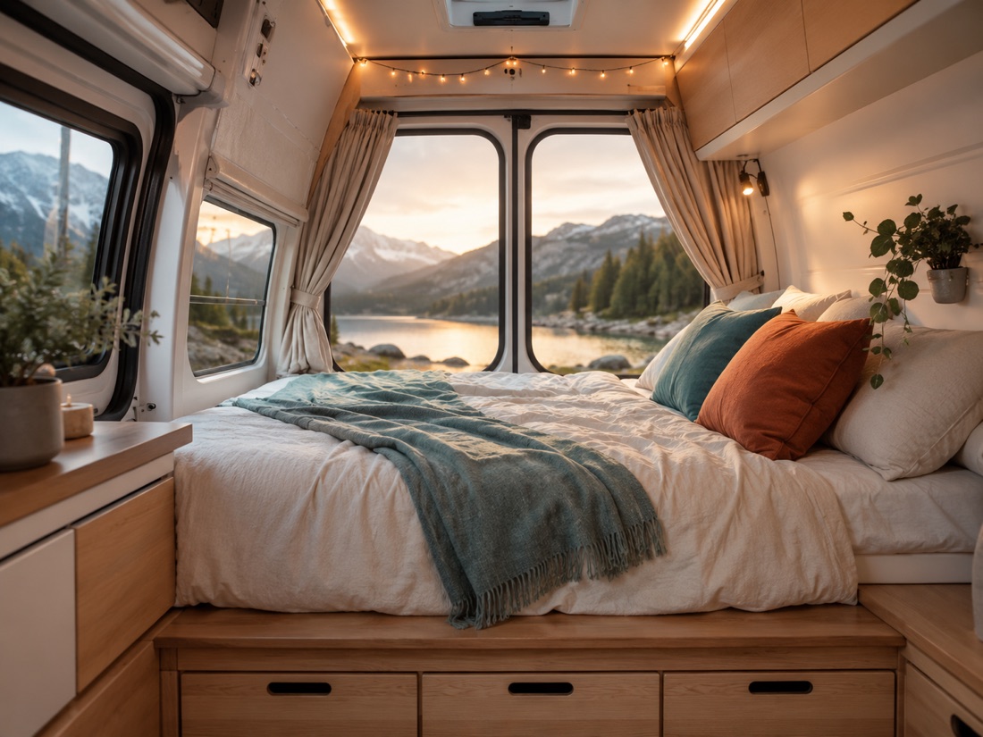 Cosy campervan bed with cushions and a teal throw, rear doors framing a mountain lake at sunset