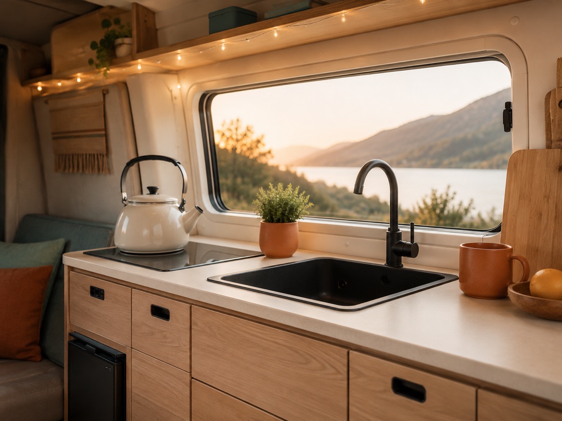 Campervan kitchen with oak cabinets, black sink and tap, hob, fairy lights and a lake view through the window