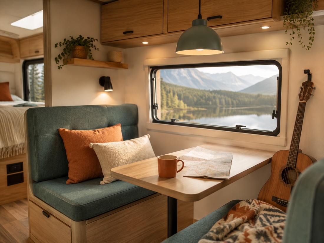 Campervan dinette with teal bench seats, table with coffee and map, guitar and a mountain view