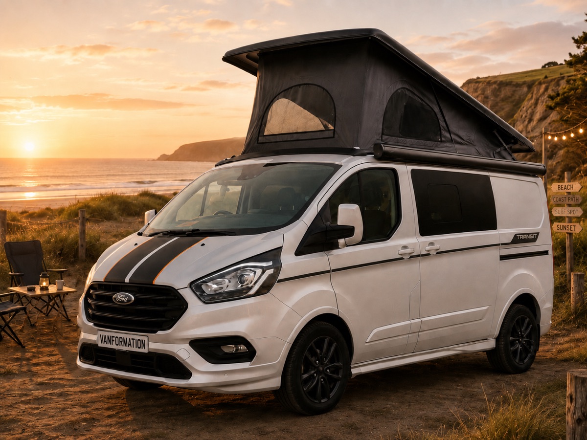 Silver Ford Transit Custom camper with raised black pop-top roof