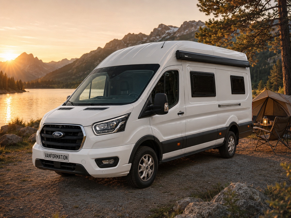 White Ford Transit high-roof camper conversion at a mountain lake campsite